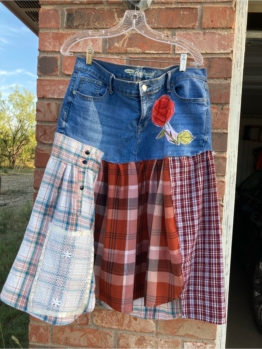Old Navy Patchwork A-Line Midi Skirt — Blue Denim with Red Rose and Plaid